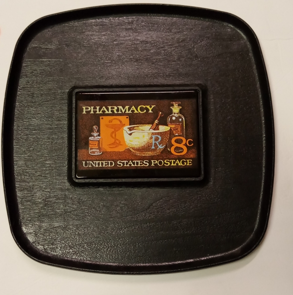 Vintage 70's Posting Stamp Tile Bar Serving Tray Resin Woodgrain Pattern 13" Sq